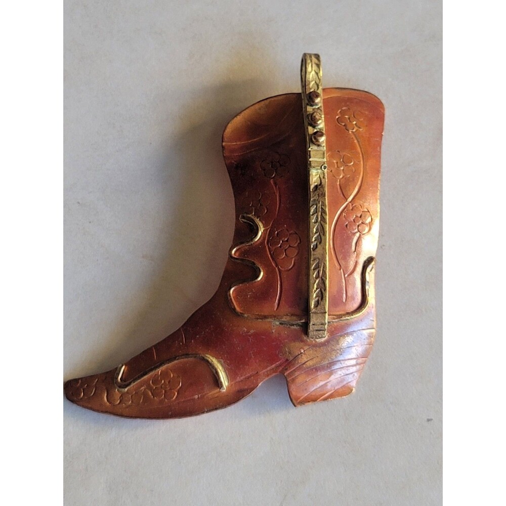 Vintage Copper Cowboy Boot Pendant Hand Carved Western Southwestern 3" tall